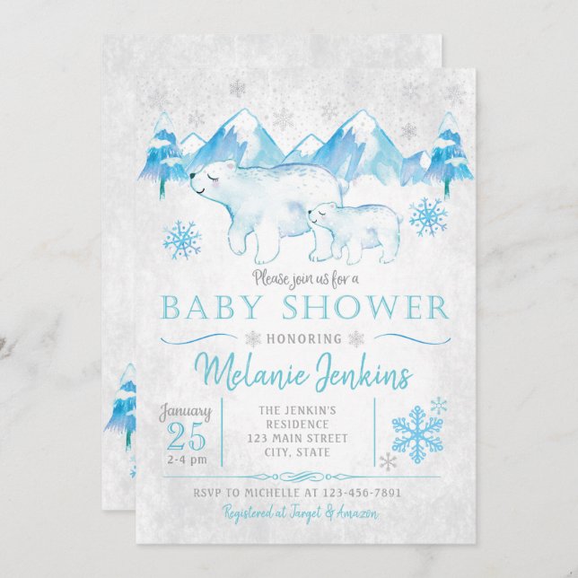 För björnsnö för vinter polar inbjudan för baby (Fram/baksida)