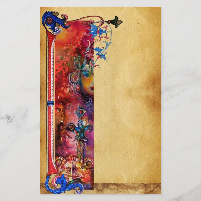 FÖR BLÅTTBLOMMIGT FÖR EXCALIBUR .ANTIQUE RÖD BREVPAPPER (Framsida)