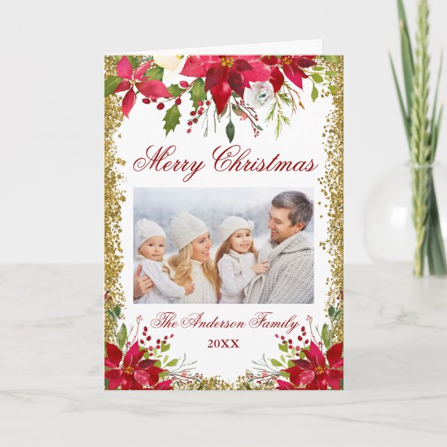 För blom- guld- veck fotojul för julstjärna helgkort (Framsida)