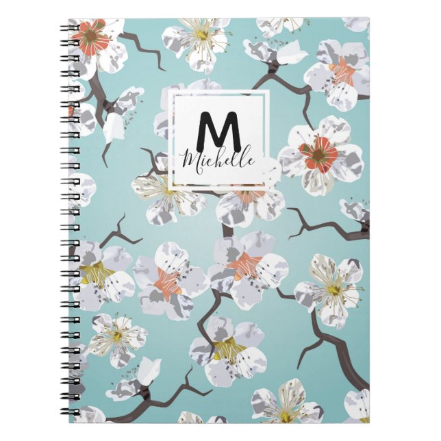 För blommarMonogram för japansk vit körsbärsröd Anteckningsbok (Framsidan)