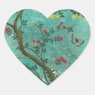 För blommarträd för härlig vintage antika fjärilar hjärtformat klistermärke