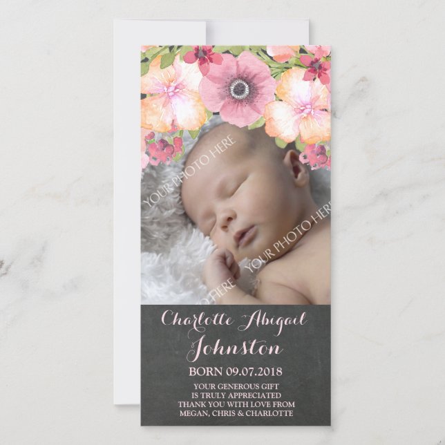 För blommatack för lantlig svart tavla rosa dusch tack kort (Framsida)