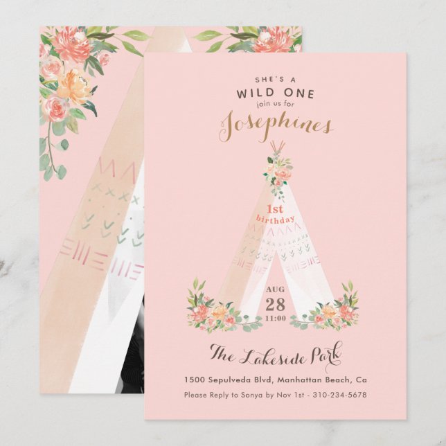 För Boho för vattenfärg blom- vild en stam- Teepee Inbjudningar (Fram/baksida)