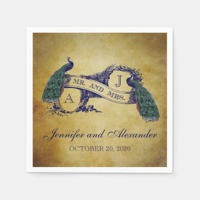 För brölloppapper för påfågel lantliga servetter (Framsidan)