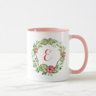 För bröllopsuckulent för vintage blom- Monogram Mugg