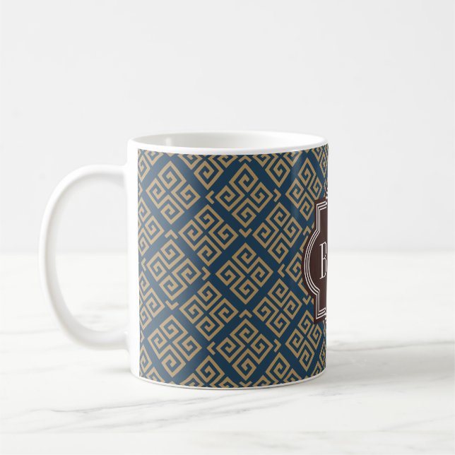 För brun monogram för mönster greknyckel för chic kaffemugg (Vänster)