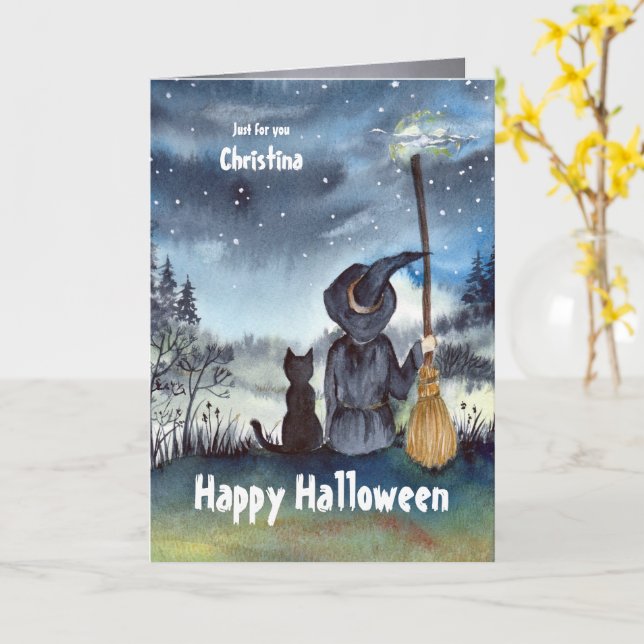 För Christina på Halloween Anpassningsbar Black Ca Kort (Gul blomma)