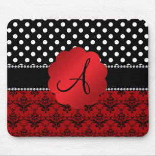 För damastsvart för Monogram röd polka dots Musmatta