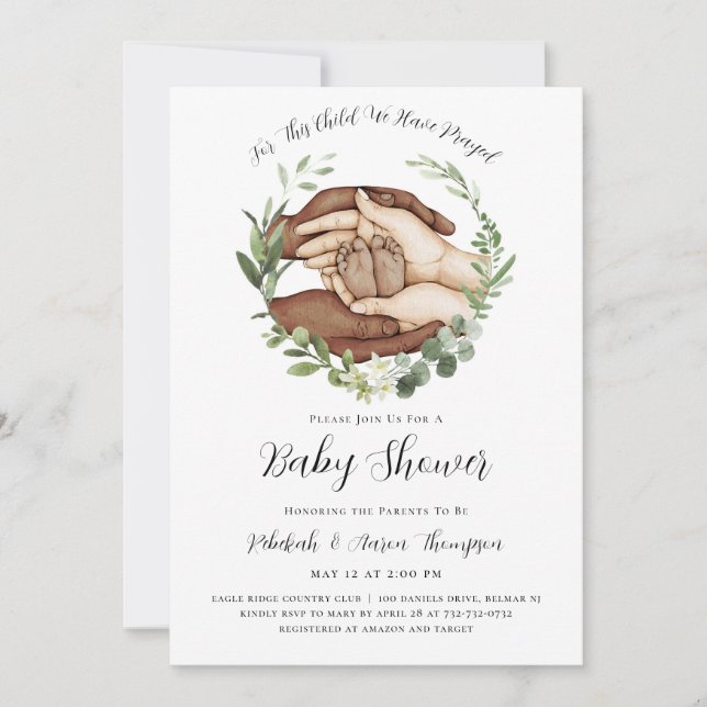 För det här barnet har vi sökt babyskor Inbjudan (Framsida)