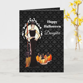 För dotter på Halloween Dam Witch med Broom Kort