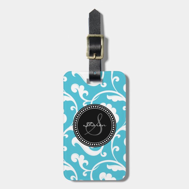 För elegant för blåttvit flickaktigt monogram för bagagebricka (Vertikal Framsida)