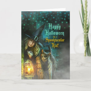 för en Spooktacular Kid Witch och Cat Halloween Helgkort