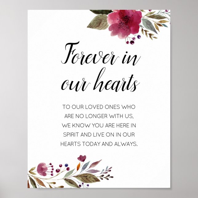 För evigt i våra hjärtan Burgunder Blommig Minnes- Poster (Framsidan)