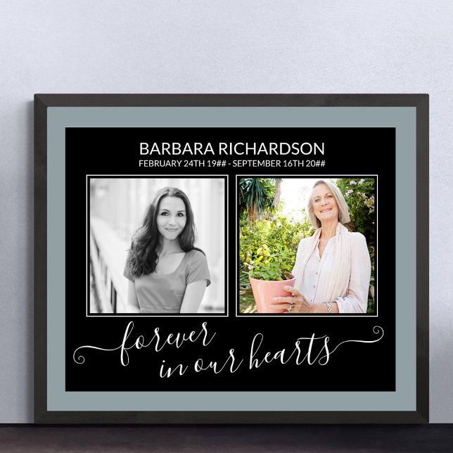 För evigt i våra hjärtan Elegant Skript Foto Begra Poster (Funeral memorial poster to order professionally printed or as a printable digital download)
