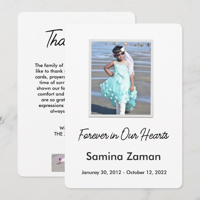 För evigt i våra hjärtan Foto Begravningsminne Tack Kort (Fram/baksida)
