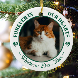 För evigt i våra hjärtan Kattfoto och namn Minnesm Julgransprydnad Keramik