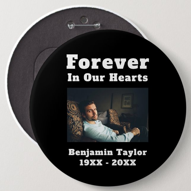 För evigt i våra hjärtan Text Till minnet Foto Knapp (Framsida & baksida)