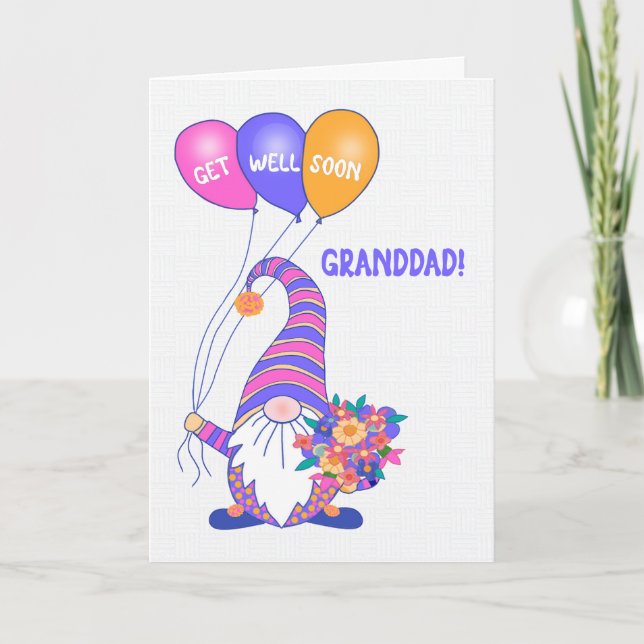 För farfar, få bra Gnome Balloons Flowers Card Kort (Framsida)