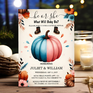 För Farm Rosa Blue Fall Girl Pumpkin Gender Reveal Inbjudningar
