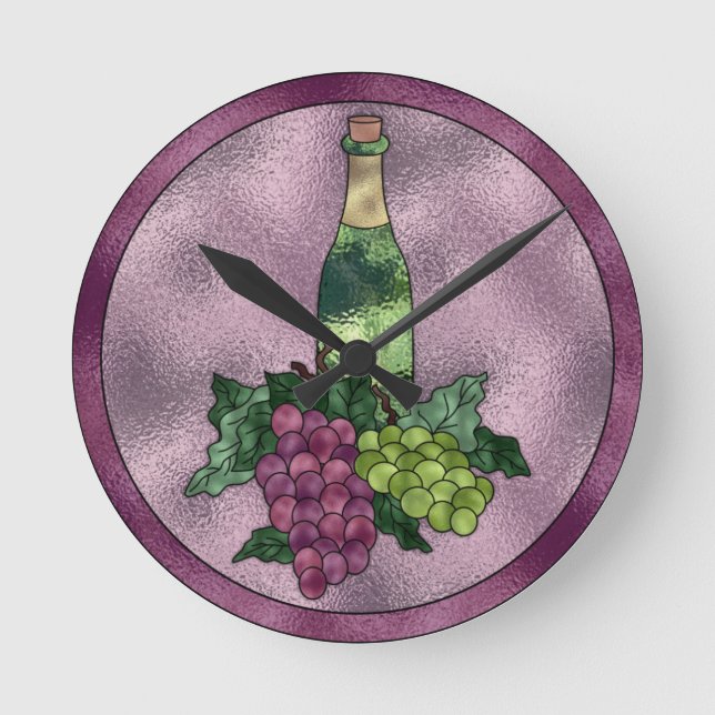 För Fauxmålat glass för lilor grönt vin och druvor Rund Klocka (Framsida)