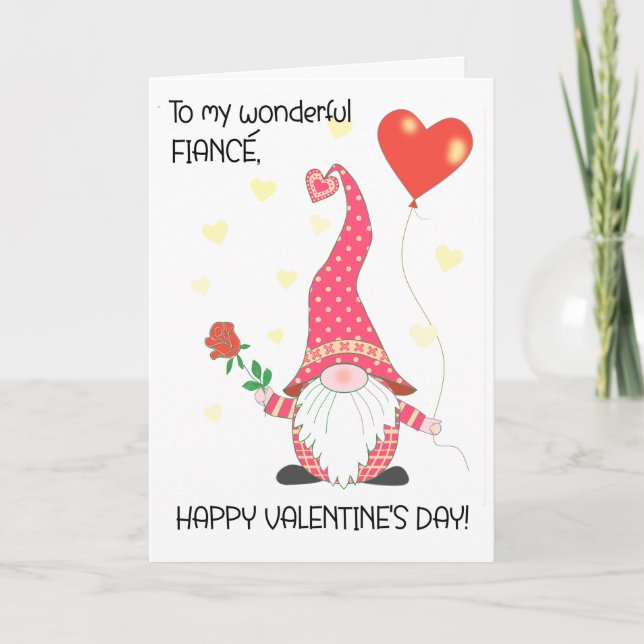 För Fiance Valentines Cute Gnome med Röd ros Kort (Framsida)