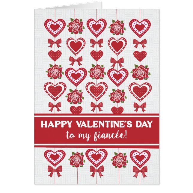 För Fiancee Valentines Röd ros Hearts Bows Hälsningskort (Framsidan)