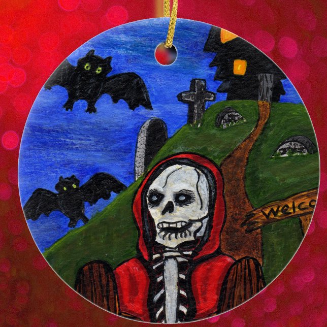 För fladdermössgravstenar för grym Reaper skelett- Julgransprydnad Keramik (Skeleton Hooded red cap haunted house on hill bats cemetery on Halloween hanging ornament.)