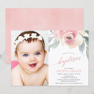 För flickadop för elegant rodna rosa blom- foto inbjudningar