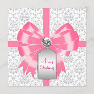 För flickadop för rosor grå damastast Christening Inbjudningar