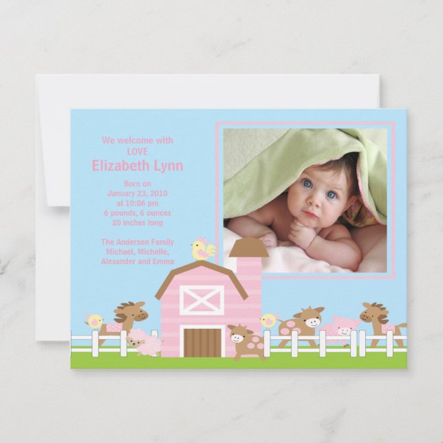 För flickafödelse för lantgård djurt meddelande inbjudningar (Framsida)