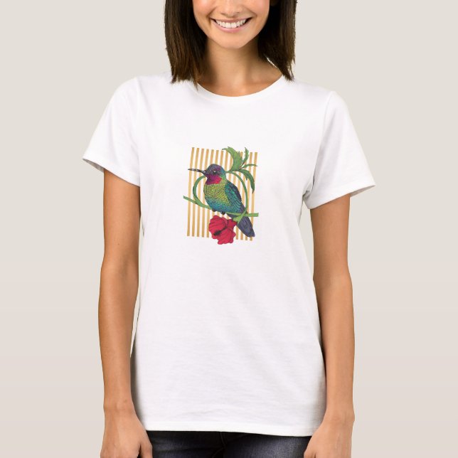 För Flowy för randar för Colibri fågel guld- T-shirt (Framsida)