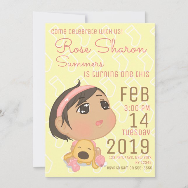 För födelsedagflicka för rosor och för gult första inbjudningar (Framsida)