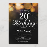 För födelsedaginbjudan för guld- glitter 20th kort