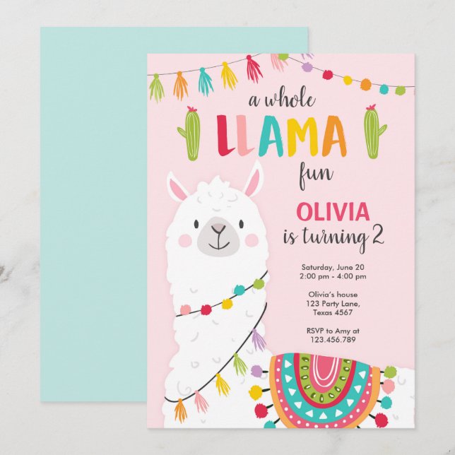 För födelsedaginbjudan för hel llama rolig Alpace Inbjudningar (Fram/baksida)