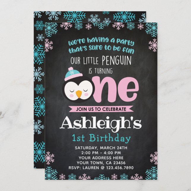 För födelsedaginbjudan för pingvin första svart inbjudningar (Fram/baksida)