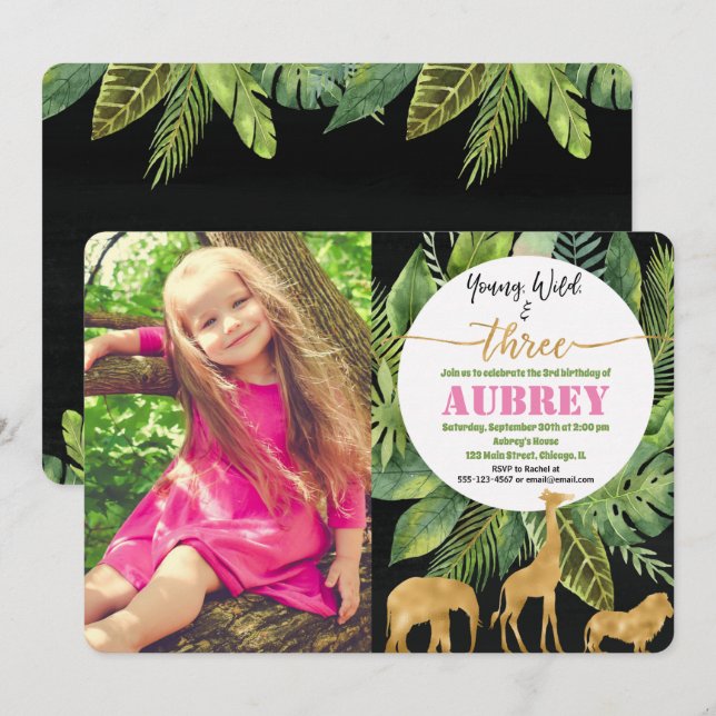 För födelsedaginbjudan för ung vild och för tre inbjudningar (Fram/baksida)