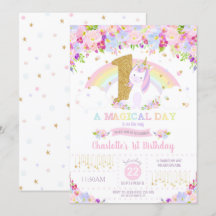 För födelsedaginbjudan för Unicorn 1st regnbåge