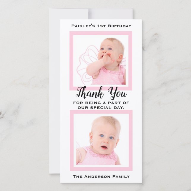 För födelsedagtack för rosa flicka 1st foto tack kort (Framsida)