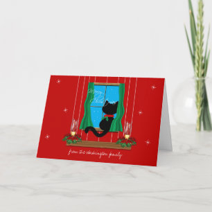 För fönstergod jul för gullig svart katt snöig helgkort