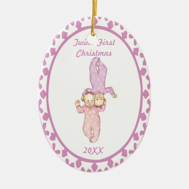 För första oval prydnad julflicka för twillingar julgransprydnad keramik (Framsidan)