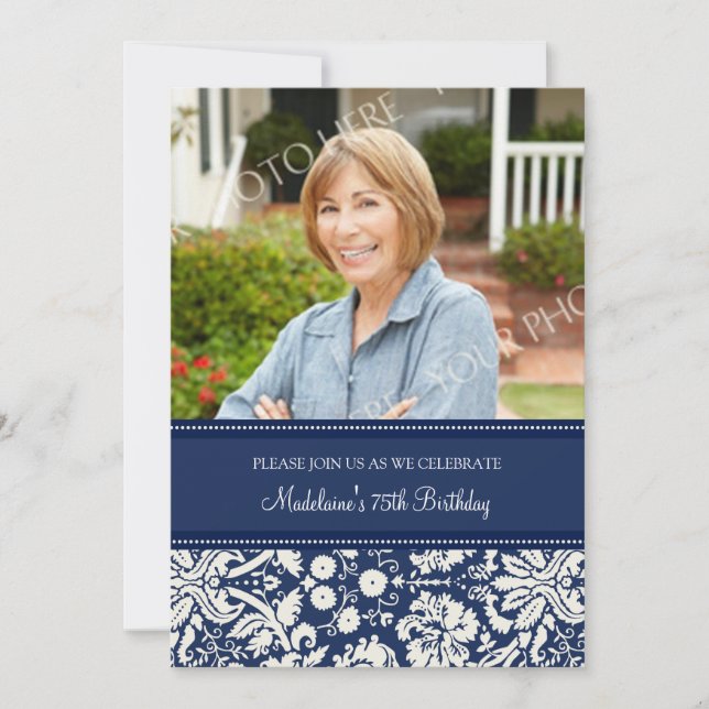 För foto75:e för blått damastast födelsedagsfest inbjudningar (Framsida)