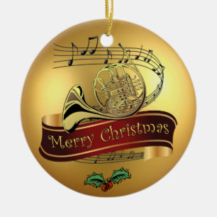 ~ för franskHorn~Musical Scroll~ guld- god jul Julgransprydnad Keramik
