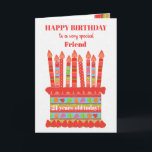 För Friend Anpassningsbar Age Birthday Cake Card Kort<br><div class="desc">Du kan lägga till åldern till det här briljanta födelsedagskortet för din vän, med en jordgubbsfödelsekaka. Kakan har många ljus med olika mönster och det finns ett mönstrat band runt kakan med färgstarka sommarfrukter - jordgubbar, hallon, kalk och orange. Ovanför kakan är hälsning, med rödbokstäver, "GRATTIS PÅ FÖDELSEDAGEN till en...</div>