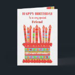 För Friend Anpassningsbar Age Birthday Cake Card Kort<br><div class="desc">Du kan lägga till åldern till det här briljanta födelsedagskortet för din vän, med en jordgubbsfödelsekaka. Kakan har många ljus med olika mönster och det finns ett mönstrat band runt kakan med färgstarka sommarfrukter - jordgubbar, hallon, kalk och orange. Ovanför kakan är hälsning, med rödbokstäver, "GRATTIS PÅ FÖDELSEDAGEN till en...</div>