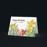 För Friend on Birthday Gult Orange Vår Flower Kort<br><div class="desc">Utifrån min vattenfärgillustration av tulpaner för papegoja,  gult,  haffodils,  orange lily och gult day lilies. Den vackra kombinationen av ljusa färger blommor med silver grått rand mönster i bakgrunden. Anpassade i Zazzle med egen text för personlig. Checka ut min butik för matchande artiklar!</div>