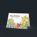 För Friend on Birthday Gult Orange Vår Flower Kort<br><div class="desc">Utifrån min vattenfärgillustration av tulpaner för papegoja,  gult,  haffodils,  orange lily och gult day lilies. Den vackra kombinationen av ljusa färger blommor med silver grått rand mönster i bakgrunden. Anpassade i Zazzle med egen text för personlig. Checka ut min butik för matchande artiklar!</div>