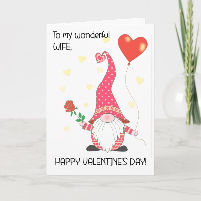 För frun Valentines Cute Gnome och Röd ros Kort (Framsida)