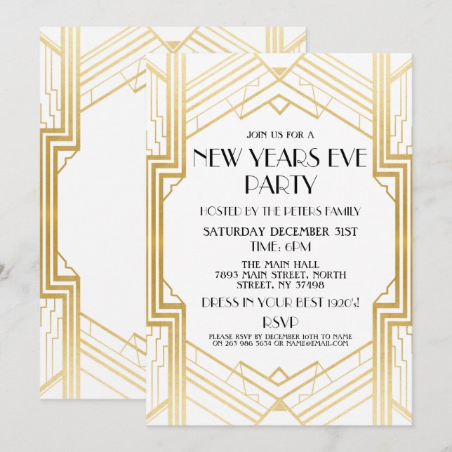 för Gatsby för 20-talnyårsaftoninbjudan guld party Inbjudningar (Fram/baksida)