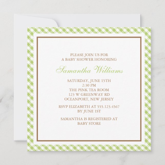 För Ginghammönster för elegant grön baby shower Inbjudningar (Framsida)