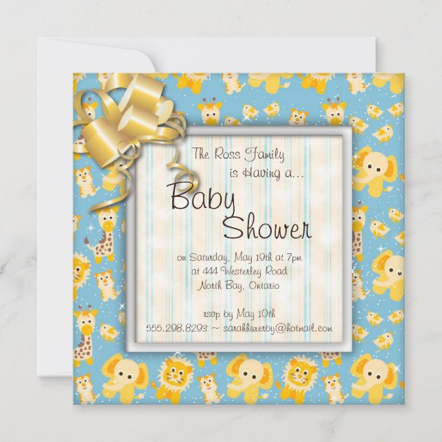 För giraffvilda djur för elefant lejon baby shower inbjudningar (Framsida)